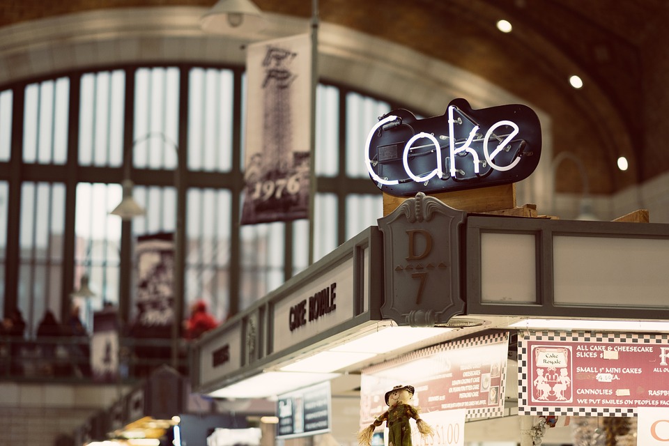 Signboard with cake on it turned on